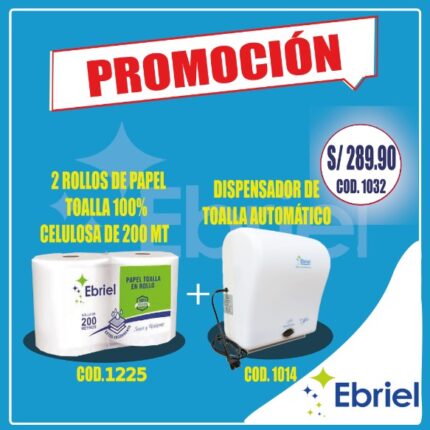 DISPENSADOR DE TOALLA AUTOMÁTICO + 2 ROLLOS DE PAPEL TOALLA 100% CELULOSA DE 200 MT.